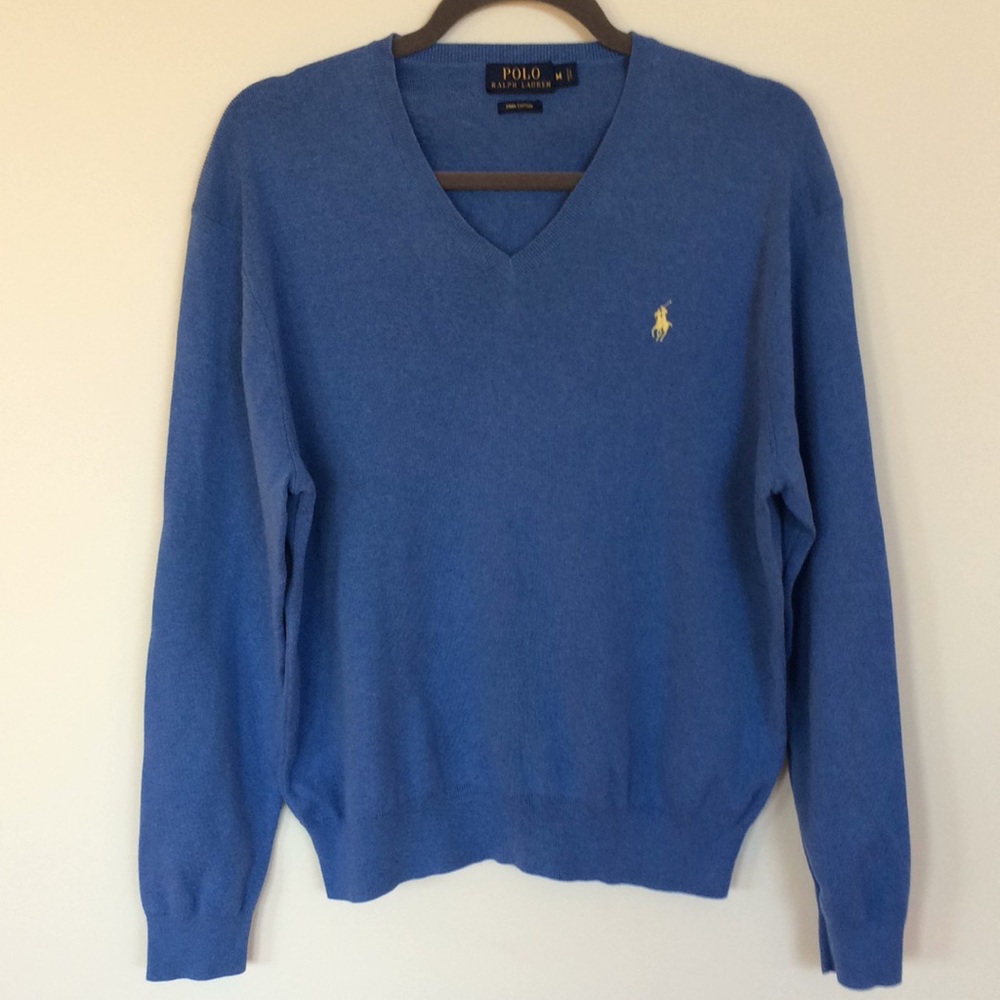 Polo Ralph Lauren V-Neck Sweater Blue Size Medium Pima Cotton